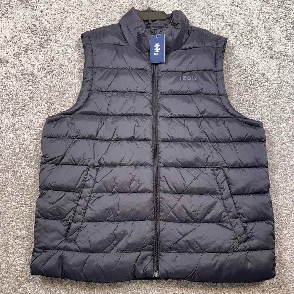IZOD Mens Packable Puffer Vest Black Large Full Zip Sleeveless Lightweight NEW